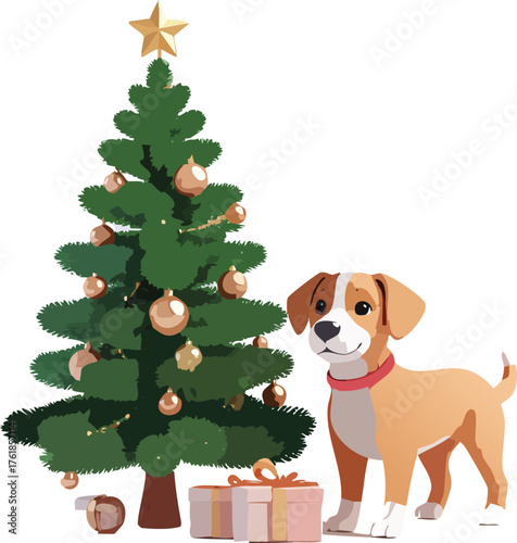 Cute puppy and decorated Christmas tree with gifts, a festive scene full of holiday cheer and joy for a happy celebration
