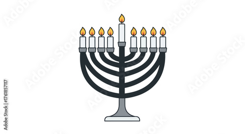 Traditional Hanukkah Menorah with Nine Lit Candles Illustration.