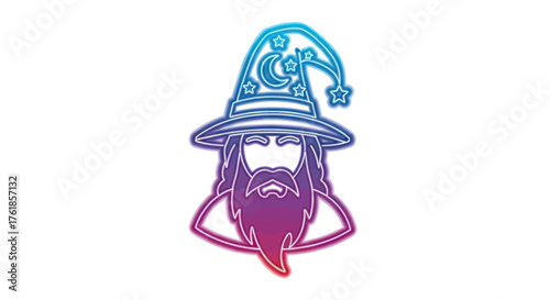 Neon Wizard Hat with Crescent Moon and Stars Emblem.
