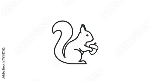 Simple Black Line Art Squirrel Holding Acorn Illustration.