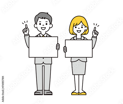 白いフリップを持って説明する、スーツを着た20代・30代の男女の全身ベクターイラスト素材セット