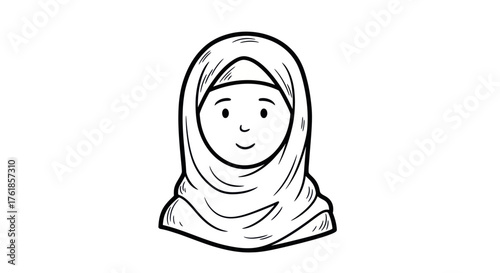 Smiling Muslim Woman Wearing Hijab Line Art Illustration.