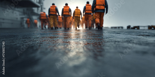 Group of adult workers wearing orange life vests walking on wet deck of ship in morning Concept of teamwork, safety, and maritime industry