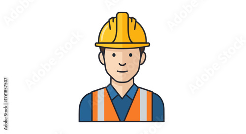Cartoon illustration of a male construction worker wearing a hard hat and safety vest.