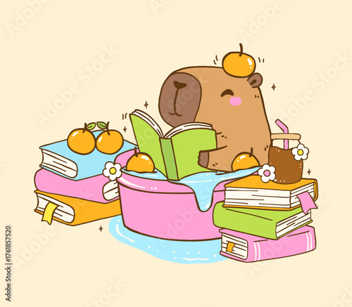 Cute Capybara Reading Book TBR Vibe in Bathtub with Stack books, Animal Bookish Cartoon Hand Drawn Illustration