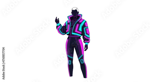 Futuristic Figure in Neon Outfit with Geometric Patterns.