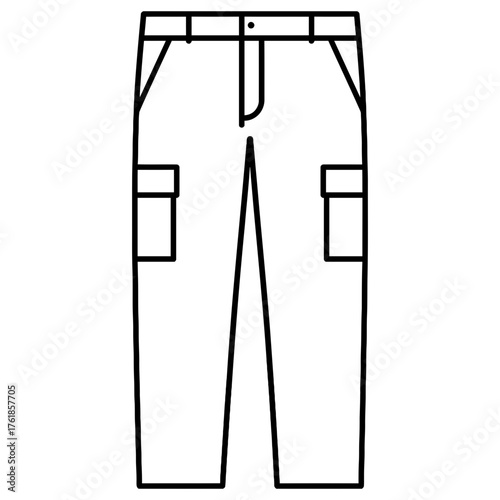 Cargo pants outline icon with side pockets and belt loops, black line on white