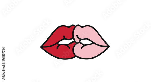 Cartoon Lips Kissing Red and Pink Black Outline.
