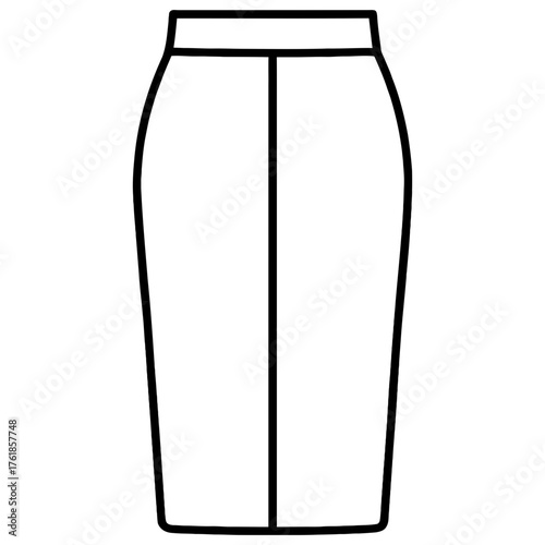 Pencil skirt outline icon with high waistband and center seam, black line art