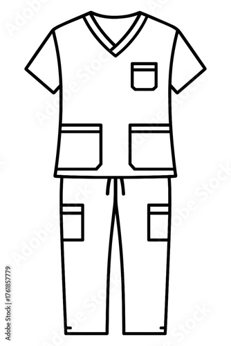 Scrubs uniform outline icon with V-neck top and cargo pants, black line on white