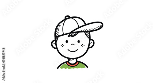 Cartoon Boy with Cap: Smiling Hand-Drawn Illustration.