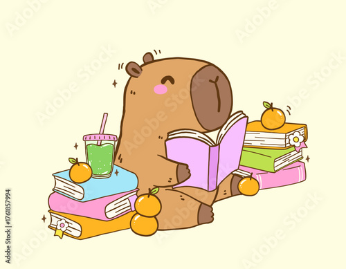 Cute Capybara Reading Book TBR Vibe with Stack books, Animal Bookish Cartoon Hand Drawn Illustration