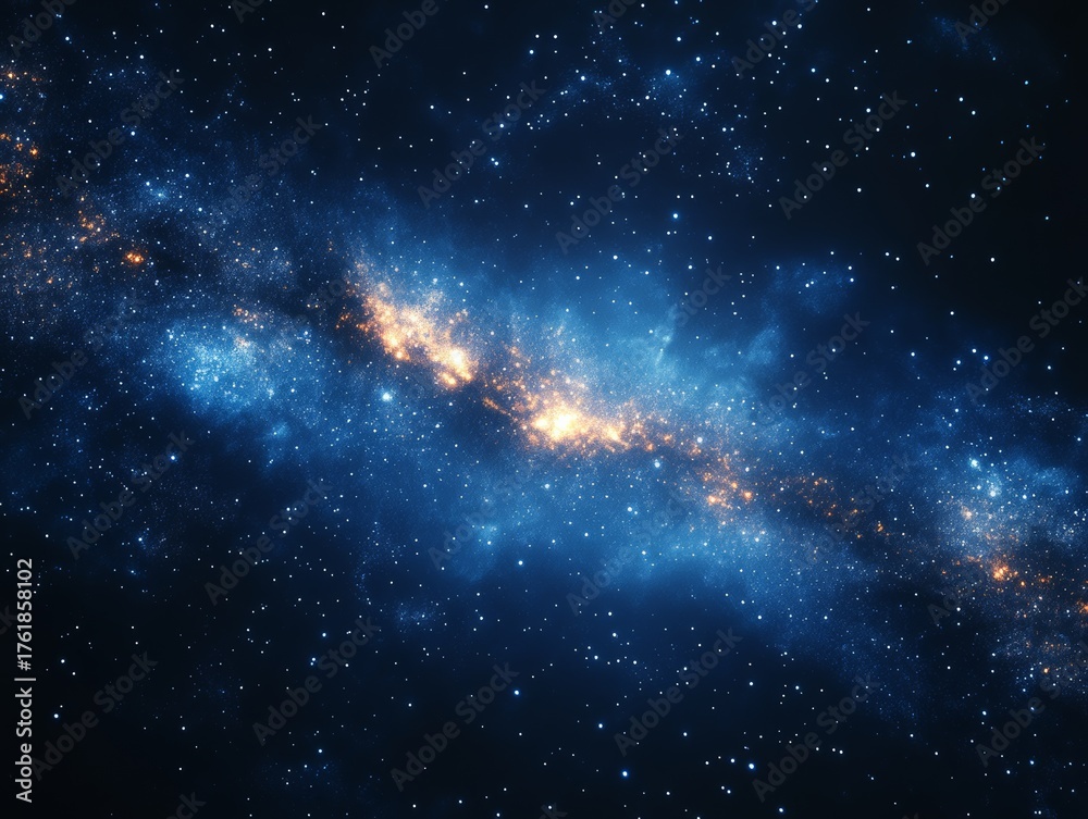 Fototapeta premium Breathtaking Cosmic Tapestry: A Vibrant Celestial Dance of Stars and Nebulae, Unveiling the Enigmatic Beauty of the Universe in Deep Blue and Golden Hues