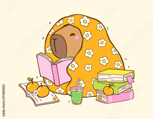 Cute Capybara Reading Book under Blanket with Stack books, TBR Vibe, Animal Bookish Cartoon Hand Drawn Illustration