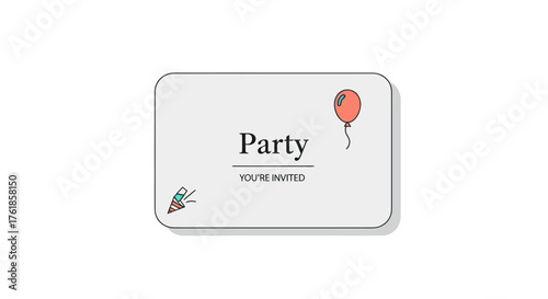 White Party Invitation Card with Party Text and Balloon Illustration.