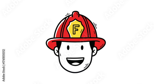 Cartoon Firefighter Head with Red Helmet and Yellow Shield.