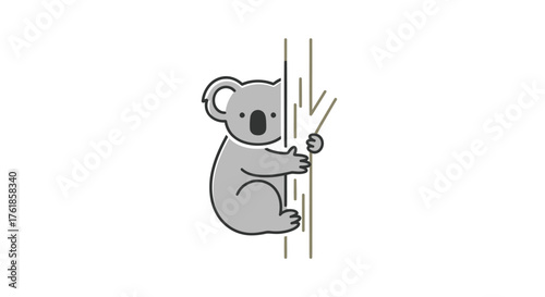 Adorable cartoon koala clinging to a tree trunk with a friendly expression.