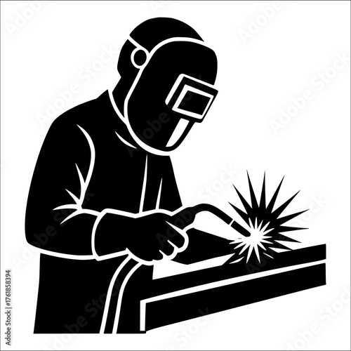 Welder silhouette performing metal welding, industrial fabrication illustration, construction and engineering concept, logo design, workshop poster, manufacturing and craftsmanship graphic