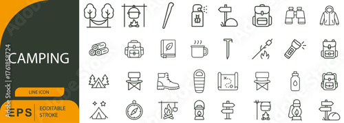 Camping Icon Set – Symbols of Outdoor Gear, Wilderness Activities, and Nature Exploration
