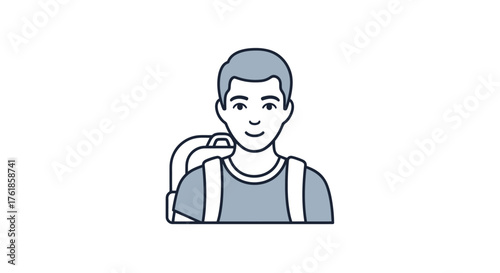 Smiling Young Man with Backpack Line Art Illustration.