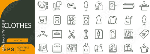 Clothes Line Icon Set – Symbols of Garments, Laundry Tools, and Fashion Essentials