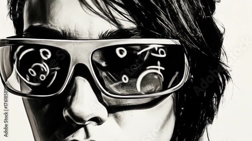 Enigmatic gaze Monochrome portrait with reflective shades revealing hidden symbols