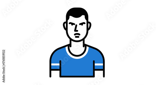 Cartoon man with short dark hair and a blue shirt looking stern.