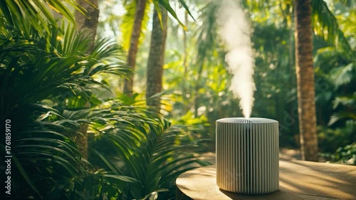 A modern humidifier in a lush tropical setting