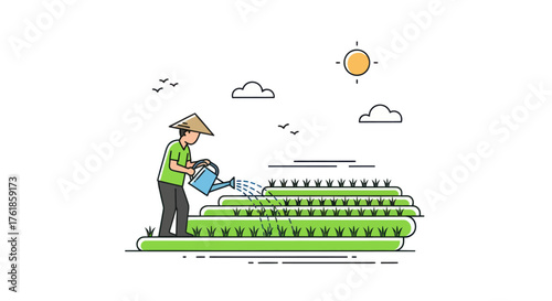 Traditional Farmer in Conical Hat Watering Green Plants with a Blue Watering Can Illustration.