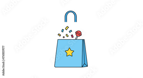 Blue Gift Bag Overflowing with Colorful Confetti and a Lollipop.