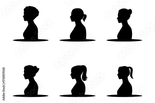 silhouette of six women with different hairstyles and appearances