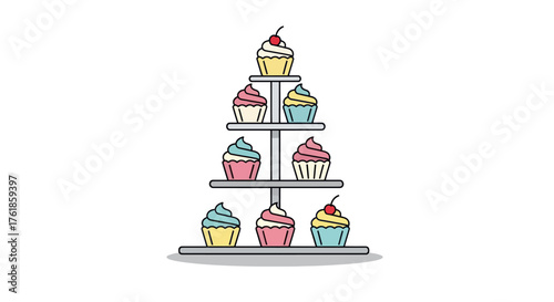 Colorful cupcakes arranged on a tiered display stand topped with cherries.