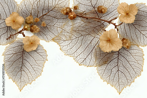 Delicate Floral Pattern with Gold-Accented Skeleton Leaves for Elegant Design