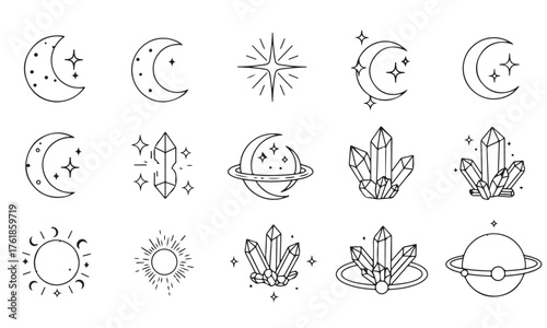 Celestial designs featuring moons stars crystals and planetary elements