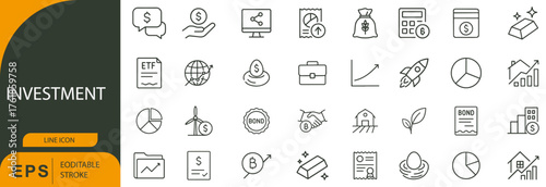 Investment Line Icon Set – Symbols of Financial Growth, Market Trends, and Strategic Planning