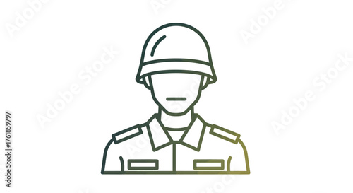 Line art icon of a soldier wearing a military helmet and uniform.