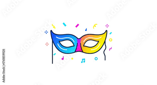 Colorful Carnival Mask with Confetti and Musical Notes Illustration.