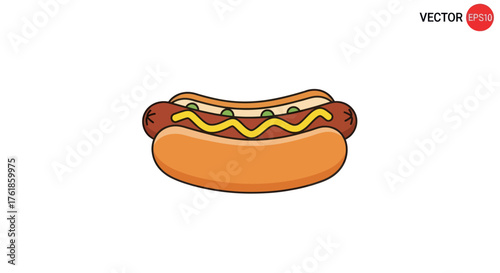 A classic cartoon hot dog illustration with a grilled sausage in a bun topped with yellow mustard and green relish.