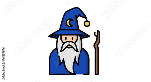 Cartoon Wizard with Blue Hat and Beard Holding a Staff.