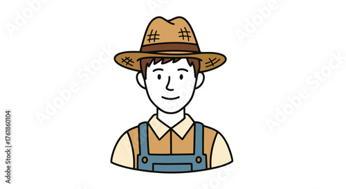 Bust portrait of a smiling young cartoon farmer in a straw hat and overalls.