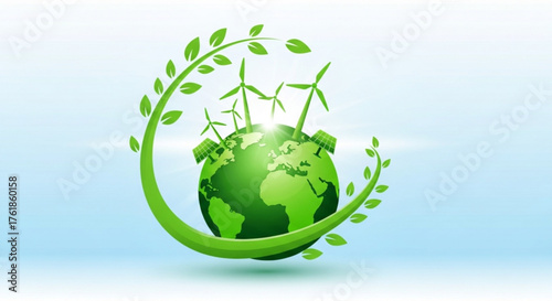 Green earth with wind turbines and leaves, symbolizing sustainable energy and environmental conservation