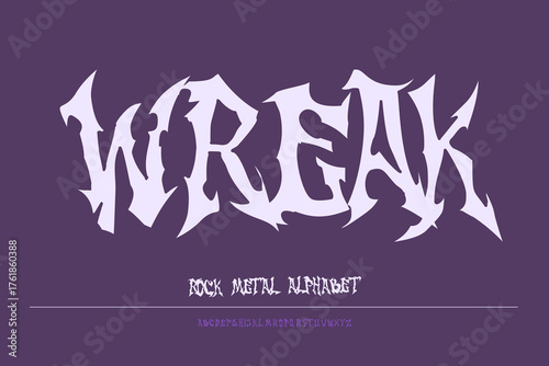 Font wreak. Sharp and punk rock gothic font for logo creation of for headlines, edgy geometric modern vector condensed typeface, heavy metal and hard rock style alphabet metal band
