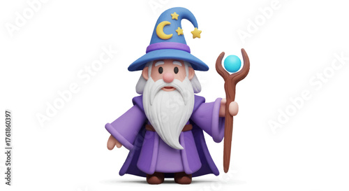 Whimsical Cartoon Wizard with Star-Adorned Hat and Crystal Staff.