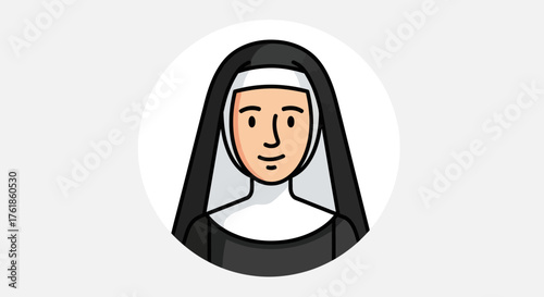Cartoon Nun Portrait with Black Habit and White Wimple.