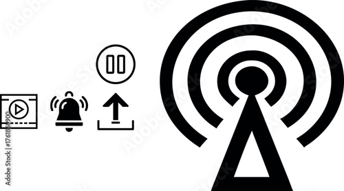 Wi-fi signal tower and digital media player icons for connectivity and online content