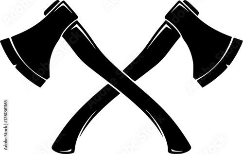 Crossed axes silhouette. This image shows two black axes crossed at their handles, forming an X shape, also known as crossed hatchets or battle axes. Vector clipart illustration design