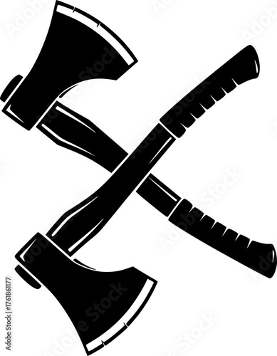 Crossed axes silhouette. This image shows two black axes crossed at their handles, forming an X shape, also known as crossed hatchets or battle axes. Vector clipart illustration design