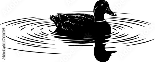 Duck swimming silhouette. This image shows a black silhouette of a duck gliding across the water with gentle ripples forming around it. Vector clipart illustration design.