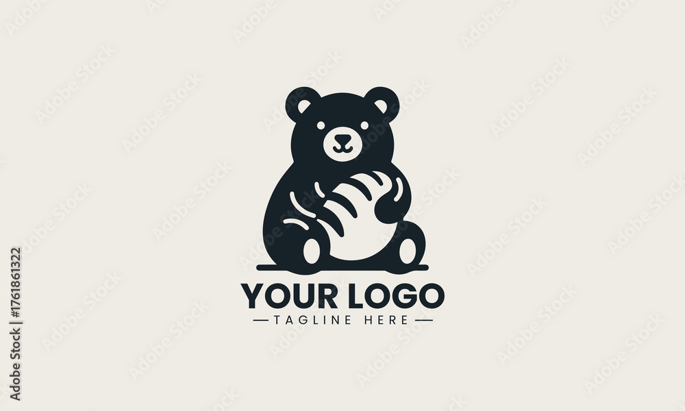 Fototapeta premium Cute bear chef mascot happily holding pastry and spoon vector logo illustration design