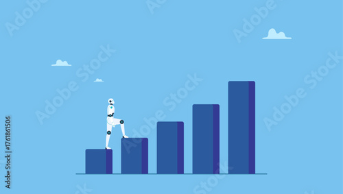 Robot walk up growth graph. Rise of AI artificial intelligence, innovation technology to develop growth, success or progress, automation or AI for marketing and financial business.
